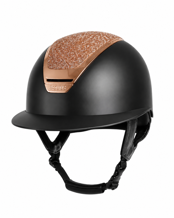 Czarny kask jeździecki EQUUS Golden Sparkling z szerokim daszkiem i złotym brokatem